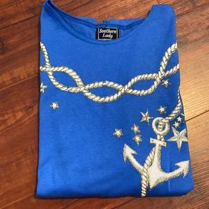 Vintage Southern Lady Royal & Gold Nautical Top Size XL Made in USA